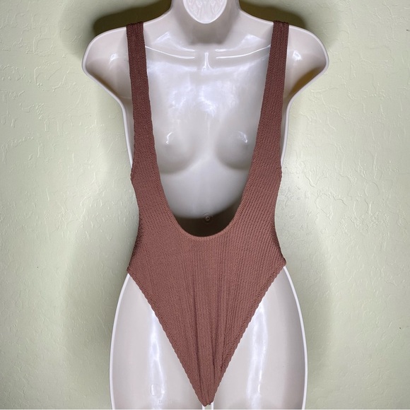 Aerie Crinkle Birthday Scoop Cheekiest One Piece Swimsuit Brown Pink Size XS - Picture 6 of 16
